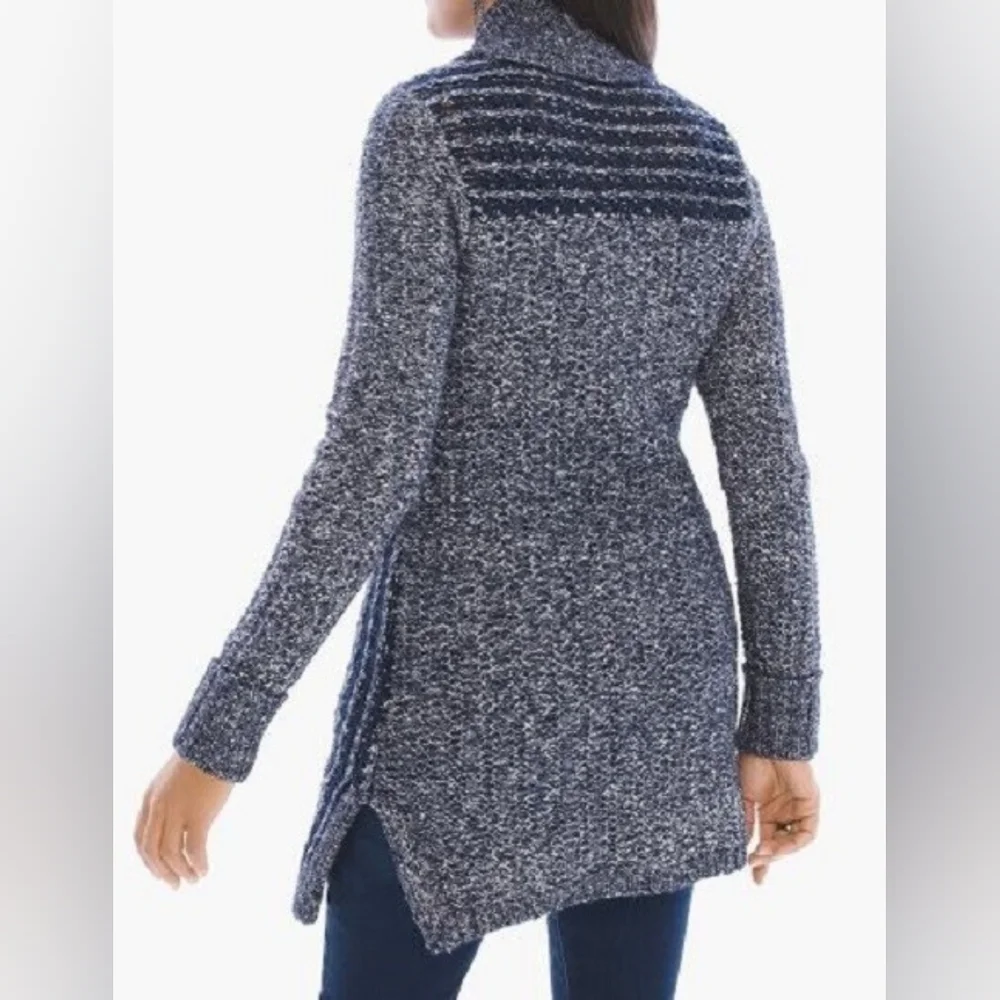 CHICOS Winter Cozy Coatigan Blue White Knit Long Cardigan‎ (1,554)C